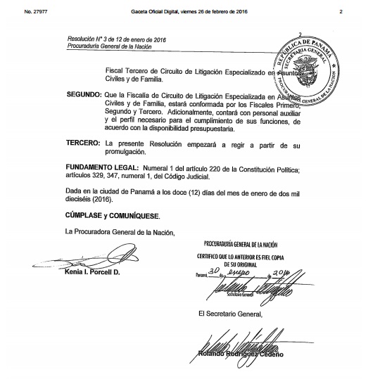 Gaceta Oficial, viernes 26 de enero 2016 - Resolucion n3 del 12 de enero del 2016 que deroga la Resolución n16 de 4 de febrero de 2015 - Procuradoria General de la Nación