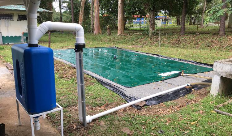 Se recoge el agua y pasa por un filtro para quitarle la basura,  de ahí llega a una cisterna o un tanque especial.