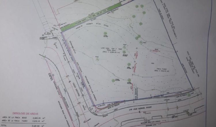 Delimitación del terreno que pertenece a la constructora (azul), y la servidumbre que, de acuerdo a la norma, deben respetar (verde).  Cortesía
