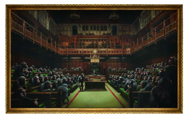 Se espera que “Devolved Parliament” alcance un récord en subasta para una obra de Banksy el 3 de octubre. Foto/ vÍa Sotheby’s.