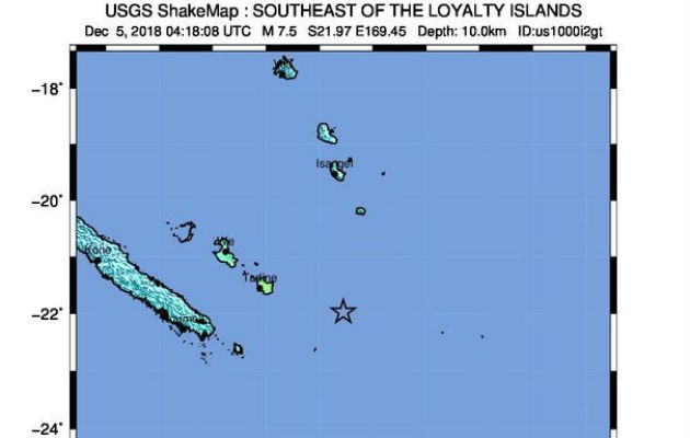 Imagen cedida por el Servicio Geológico de los Estados Unidos (USGS), de un USGS Shake Map que muestra la ubicación del terremoto de magnitud 7.5 que azotó la costa este de Nueva Caledonia. EFE