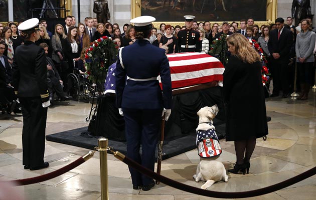 El can viajó a Washington con el cortejo fúnebre y, la mañana del martes, las autoridades emitieron una advertencia de dos minutos por la llegada de Sully a la Rotonda. Sully caminó tranquilamente, llevado por la correa por Valerie Cramer, la gerente del programa de perros de servicio de America's VetDogs. FOTO/AP