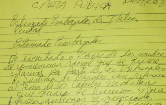 Carta de Martinelli dirigida al embajador de Italia en Panamá. Twitter