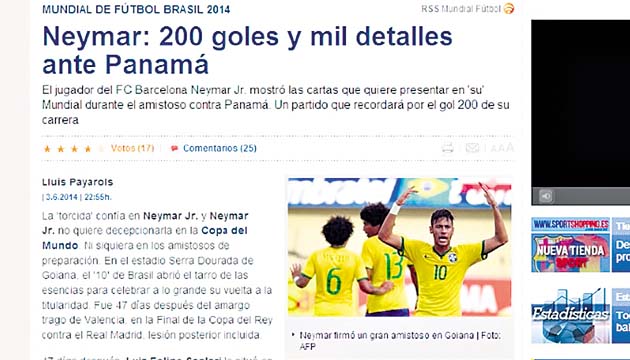 Sport (España). “El jugador del FC Barcelona Neymar Jr. mostró las cartas que quiere presentar en “su” Mundial durante el amistoso contra Panamá. Un partido que recordará por el gol 200 de su carrera”.