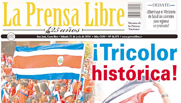 'Prensa Libre' recordó que es la segunda vez que Costa Rica clasifica a los octavos de final de un Mundial. El diario le dedica 5 páginas a su cobertura