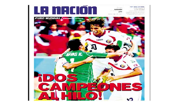 El diario 'La Nación' se fue con la foto del festejo de Bryan Ruiz (10), y asegura que la 'sele dejó tendidos a Uruguay e Italia', y que la selección de Inglaterra -ya eliminada de la contienda- 'hace fila'.