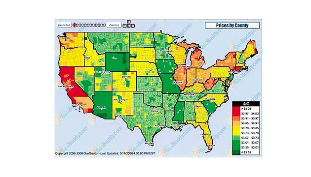 Los precios del gas pueden variar a través de un área metropolitana. La aplicación GasBuddy usa tu ubicación para identificar las gasolineras cercanas y el precio actual por galón.