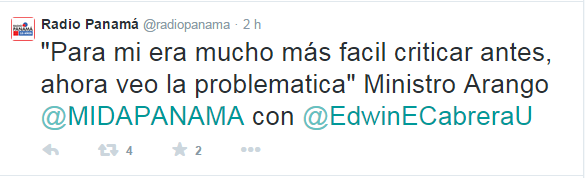 El tuit de Radio Panamá durante la entrevista al ministro Arango,