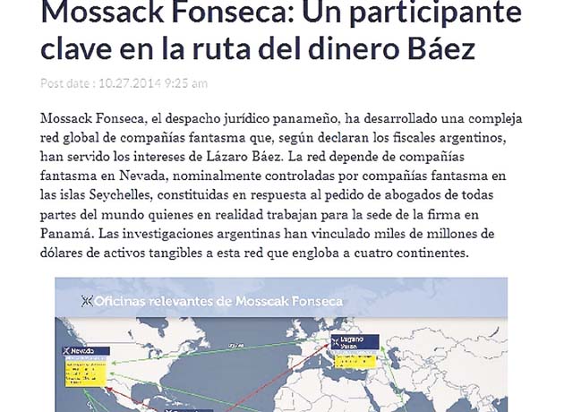 “Mossack Fonseca ha desarrollado una compleja red global de compañías fantasma que, según declaran los fiscales argentinos, han servido a los intereses de Lázaro Báez -acusado de lavado de dinero-, a través de compañías fantasma en Nevada, controladas por compañías fantasma con sede en Panamá”.