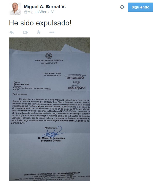 Expulsan oficialmente a Bernal de la Universidad de Panamá