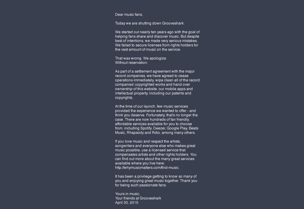 Comunicado que aparece al acceder a Grooveshark.com Comunicado que aparece al acceder a Grooveshark.com