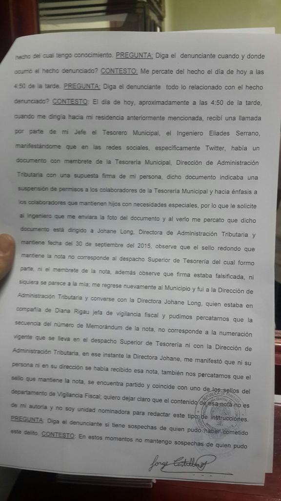 Denuncia presentada en te el Ministerio Público. Denuncia presentada en te el Ministerio Público.