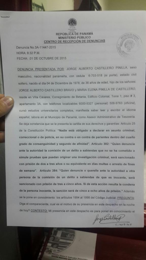 Denuncia presentada en te el Ministerio Público. Denuncia presentada en te el Ministerio Público.