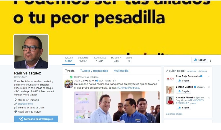En su cuenta de Twitter, Raúl Velásquez aparece publicando información gubernamental y del panameñismo. /Foto Internet