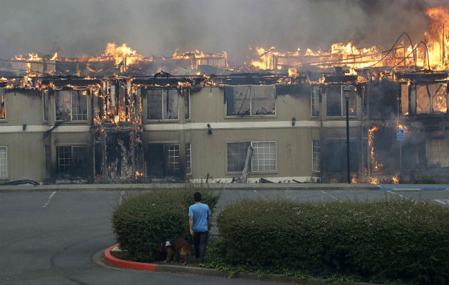 Un joven y su perro observa un inmueble en llamas. Foto: AP.
