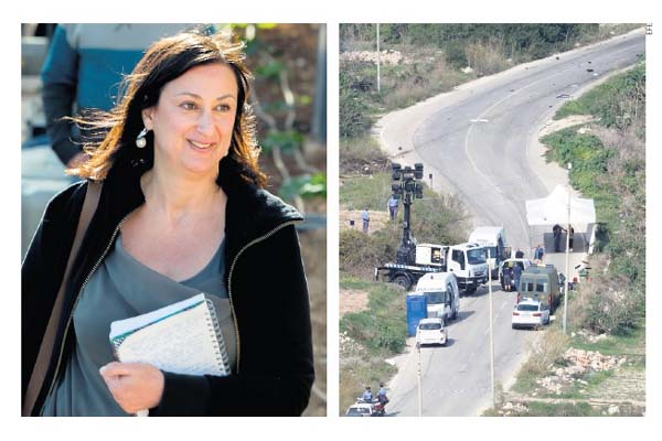 La periodista Daphne Caruana Galizia (i), y el lugar donde explotó el vehículo donde viajaba en Bidjina, al norte de Malta (d). /Foto EFE