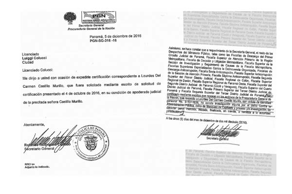 Certificación del Ministerio Público que desliga a Lourdes Castillo de proceso judicial alguno. /Foto Archivo