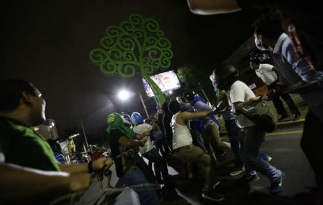 Un grupo de manifestantes, cuando intentaban derribar el árbol. Foto: EFE