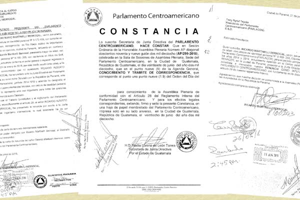 Constancia de la renuncia del expresidente de la República Ricardo Martinelli Berrocal como diputado del Parlacen.