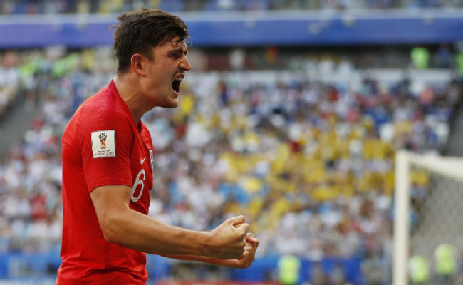 Harry Maguire  festeja el gol de Inglaterra. Foto:AP