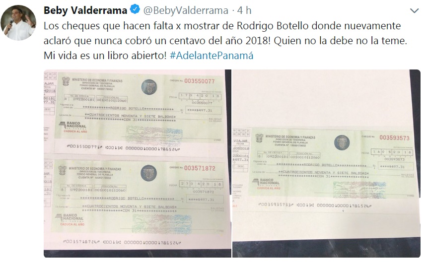 Cheques fueron devueltos por sobrino de Beby Valderrama 