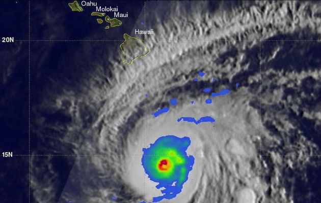 Imagen satelital de la NASA del huracán Lane cerca de Hawái. Foto: EFE.