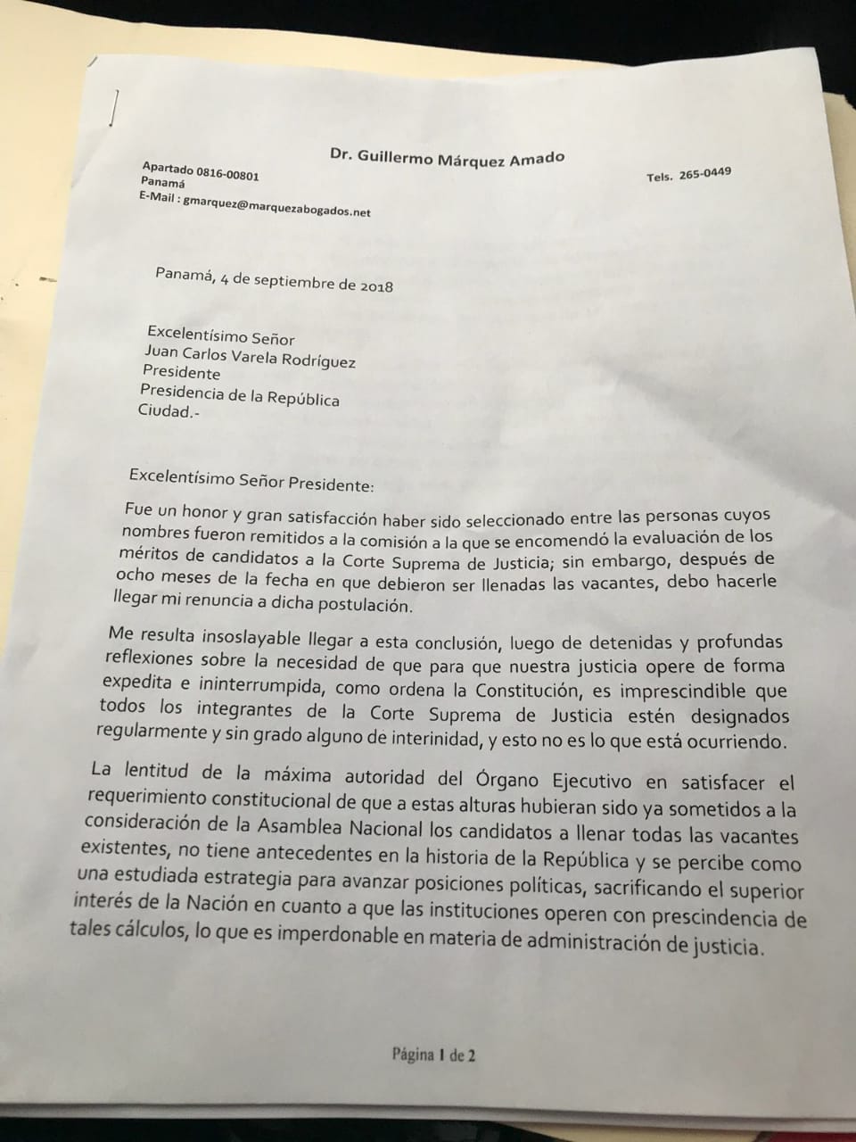 Carta de Guillermo Marquez Amado, aspirante a la Corte Suprema de Justicia.