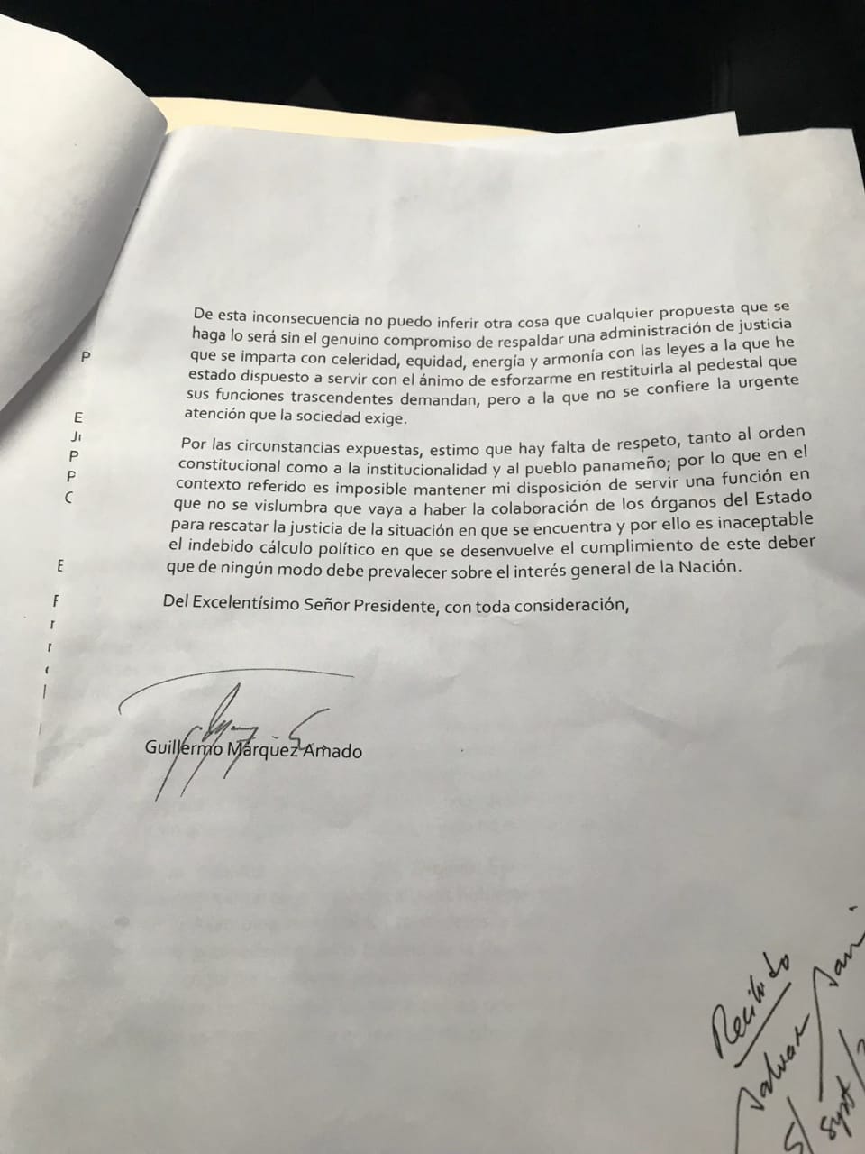 Carta de Guillermo Marquez Amado, aspirante a la Corte Suprema de Justicia.