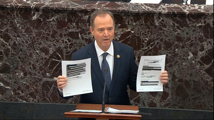 el representante de la acusación de la Cámara de Representantes, Adam Schiff, demócrata de California, habla durante el juicio de acusación contra el presidente Donald Trump en el Senado en el Capitolio de los Estados Unidos en Washington. FOTO/AP