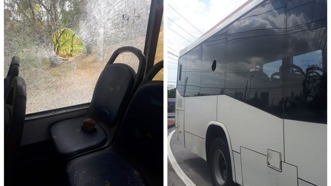 La mujer viajaba senatada en el puesto de la ventana cuando un piedra de considerable tamaño rompió el vidrio e hirió su cabeza. Foto: Mi Bus.