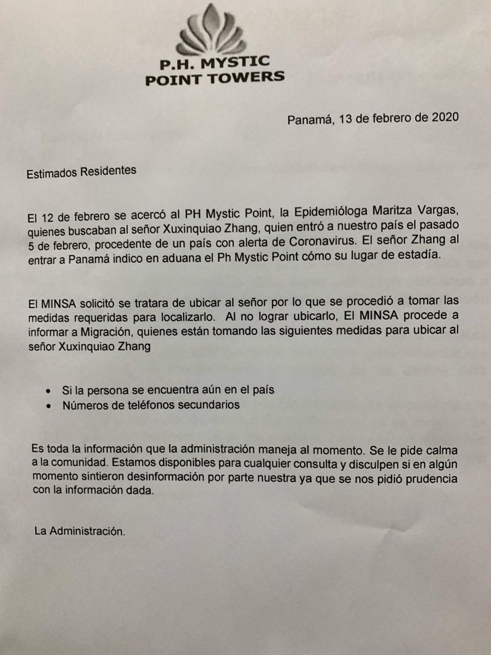 Nota que la administración del P. H. circuló a sus residentes.