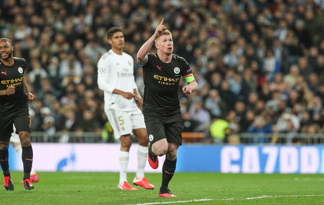 Kevin de Bruyne festeja su gol ante Real Madrid. Foto:EFE