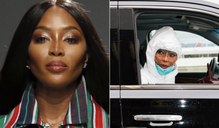 Naomi Campbell y su equipo de protección contra el COVID. 