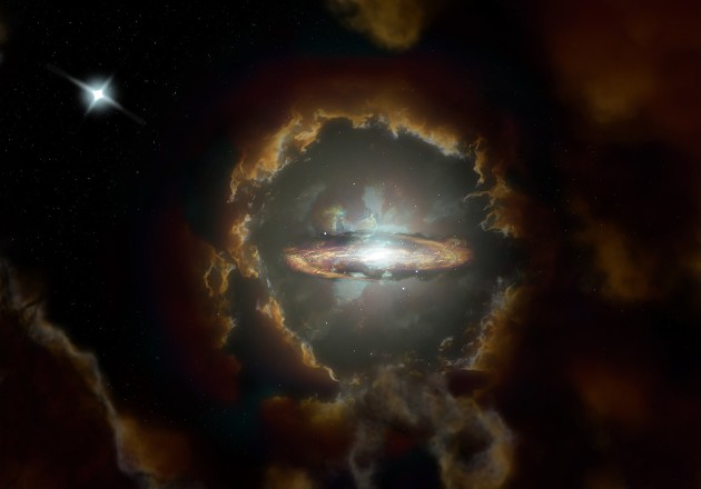 Imagen artística de una galaxia gigante de disco giratorio de gas, que reta la teoría de que galaxias así podían alcanzar un tamaño tan grande tan temprano. Foto ilustrativa / NRAO/AUI/NSF, S. Dagnello.