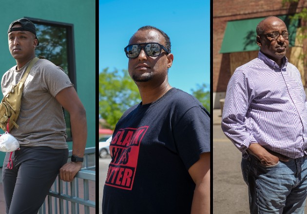 Wali Ibrahim, Haji Yussuf y Omer Jamal huyeron de la anarquía en su país natal. Foto / Laylah Amatullah Barrayn para The New York Times.