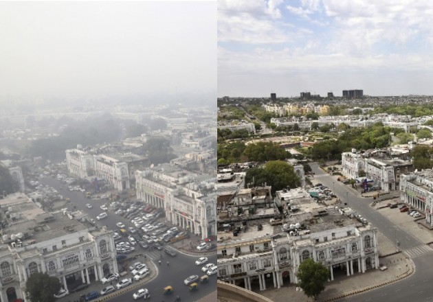 Un día típico en Nueva Delhi, India, en noviembre (izquierda) y de nuevo en abril, tras meses de confinamiento. Foto / Manish Swarup/Associated Press.