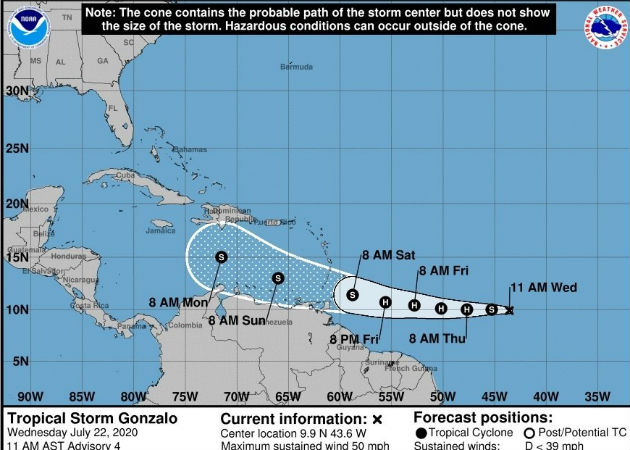  Imagen de la NOAA (EE.UU). con la localización de la tormenta tropical Gonzalo en el Atlántico este miércoles. Fotos: EFE.