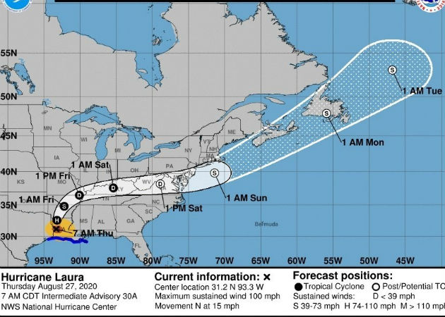 Foto del Centro Nacional de Huracanes (NHC) estadounidense con el pronóstico de 5 días de la trayectoria de Laura. Fotos: EFE.