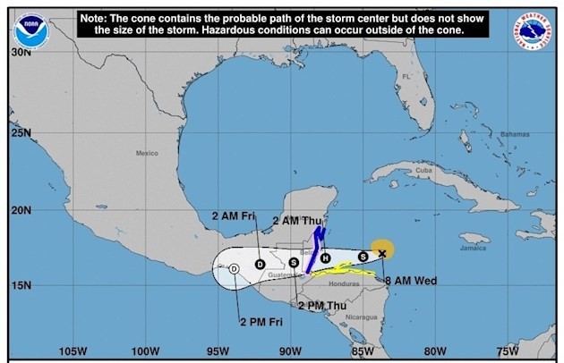 Toda la costa de Belice está bajo vigilancia de huracán y hay avisos de tormenta tropical para la península de Yucatán (México) y el norte de Honduras y las islas de la Bahía.