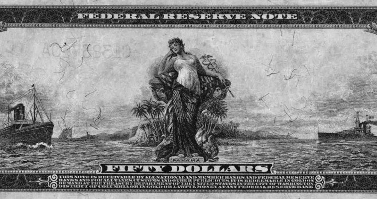 Un billete de $50 de Estados Unidos de 1914. Al dorso, un pulcro cuadro del istmo con Lady Panama como principal actriz. Es la única ocasión en la historia que un país extranjero es relucido en un billete norteamericano. 