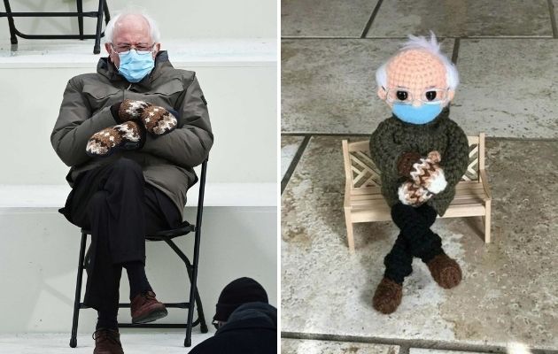 El muñeco de croché inspirado en la famosa foto del senador por Vermont y exaspirante presidencial Bernie Sanders. EFE