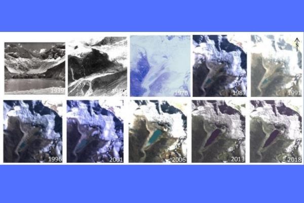 Imágenes de satélite muestran cómo ha crecido el lago Palcacocha a medida que el glaciar Palcaraju ha ido retrocediendo.