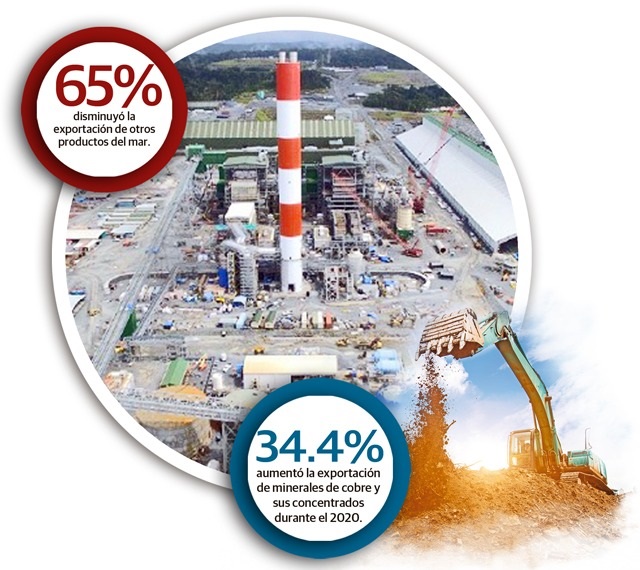 Solo la exportación de minerales de cobre y sus concentrados registró la suma de mil 065 millones 593 mil dólares, mientras que el banano reportó $151 millones 331 mil durante el 2020.