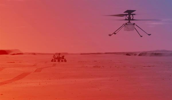 Ilustración cedida este lunes por la NASA que muestra cómo sería un vuelo del helicóptero Ingenuity en Marte.