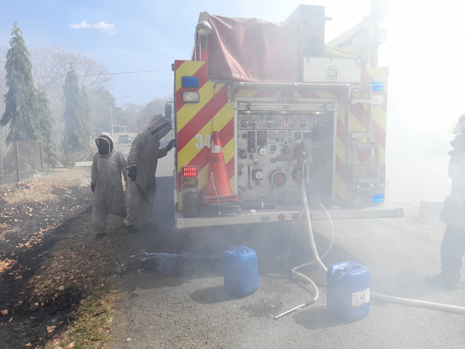 Bomberos prendieron pacas y hojas secas para controlar a las abejas con el humo. Foto: Thays Domínguez