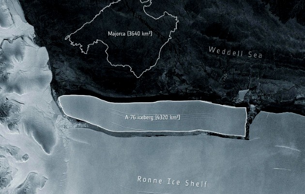 Imagen comparativa del tamaño del iceberg A-76 y la isla de Mallorca. Foto: EFE