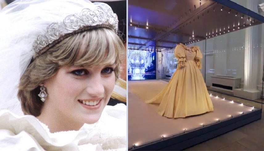 Lady Di el día de su boda y el traje en exhibición. Instagram/EFE