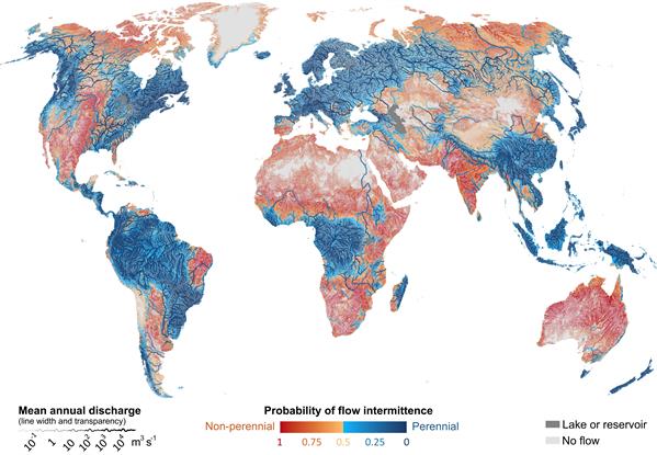 Mapa de la distribución de los cauce de agua y la posibilidad de que se sequen periódicamente.