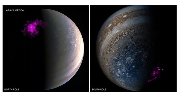 Imágenes de los polos de Júpiter procedentes del satélite Juno de la NASA y del telescopio de rayos X Chandra de la NASA. Imagen: NASA Chandra/Juno Wolk/Dunn