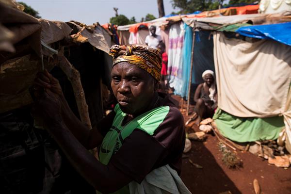 Una mujer asegura una lona sobre unos palos, a modo de vivienda, en un campamento que formaron víctimas del terremoto en Haití. EFE